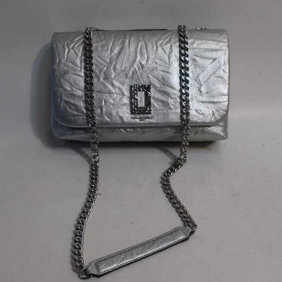 NWT Womens Karl Lagerfeld Lafayette Metallic Silver Leather Shoulder Handbag - Picture 1 of 14